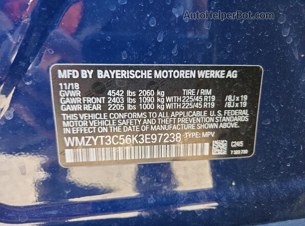 WMZYT3C56K3E97238 2019 MINI COOPER Blue 