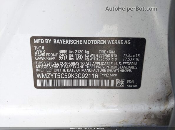WMZYT5C59K3G92116 2019 MINI COUNTRYMAN White VIN կոդի պիտակի տեսք