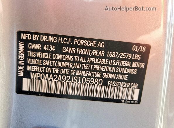 WP0AA2A92JS105980 2018 PORSCHE 911 Silver VIN კოდის სტიკერის ხედი