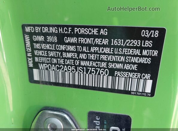 WP0AC2A95JS175760 2018 PORSCHE 911 Green Widok komory silnika