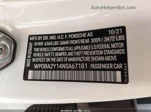 WP0BA2Y14NSA67181 2022 PORSCHE TAYCAN White 