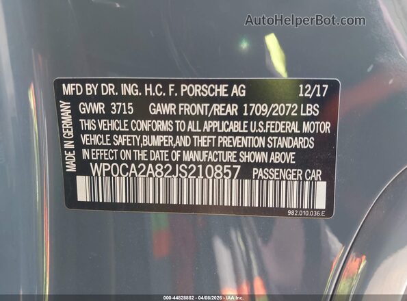 WP0CA2A82JS210857 2018 PORSCHE BOXSTER Серый Вид подкапотного пространства