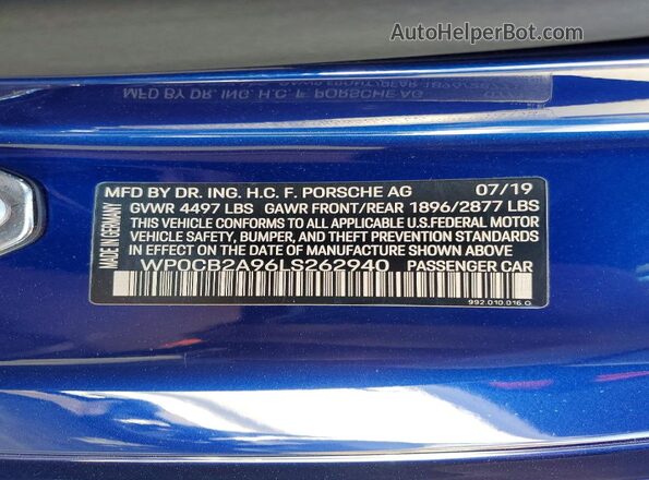 WP0CB2A96LS262940 2020 PORSCHE 911 Blue Vista del compartimento del motor