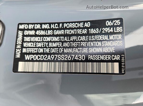 WP0CD2A97SS267430 2025 PORSCHE 911 Gray Vista de la etiqueta del VIN