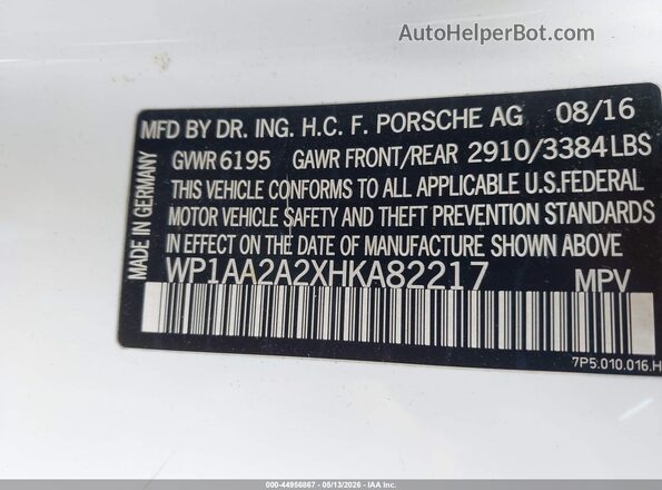 WP1AA2A2XHKA82217 2017 PORSCHE CAYENNE White Вид підкапотного простору