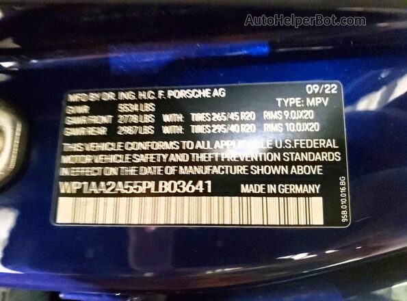 WP1AA2A55PLB03641 2023 PORSCHE MACAN Blue Вид наклейки з VIN-кодом