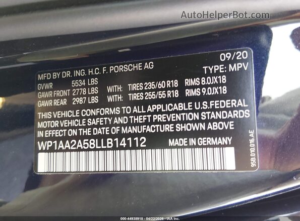 WP1AA2A58LLB14112 2020 PORSCHE MACAN Синий Вид подкапотного пространства