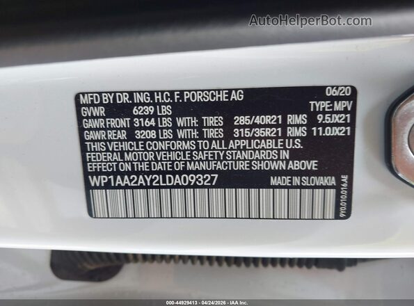 WP1AA2AY2LDA09327 2020 PORSCHE CAYENNE Белый Вид подкапотного пространства