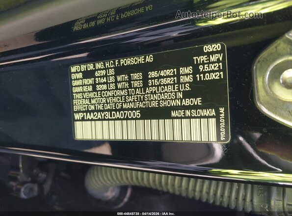 WP1AA2AY3LDA07005 2020 PORSCHE CAYENNE Black 