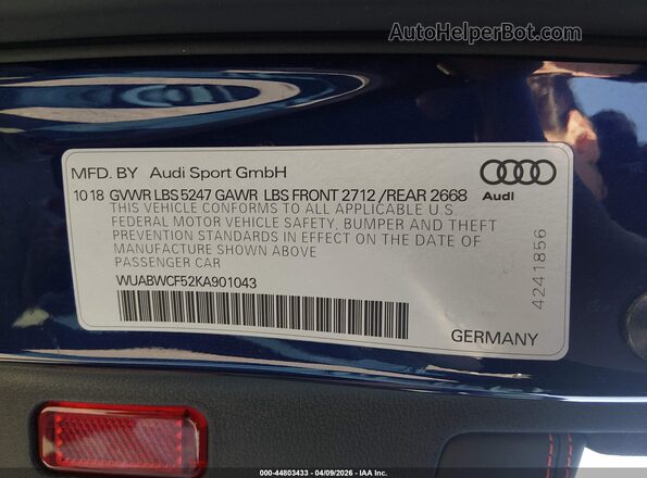 WUABWCF52KA901043 2019 AUDI RS5 Blue 