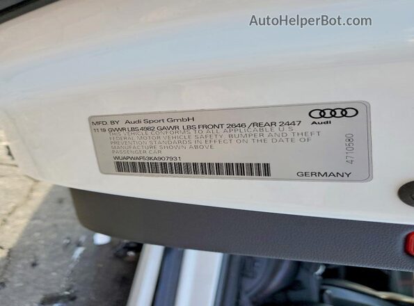 WUAPWAF53KA907931 2019 AUDI RS5 White 