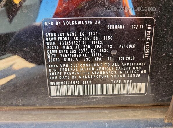 WVGDMPE23MP012158 2021 VOLKSWAGEN ID.4 Black Widok naklejki z numerem VIN