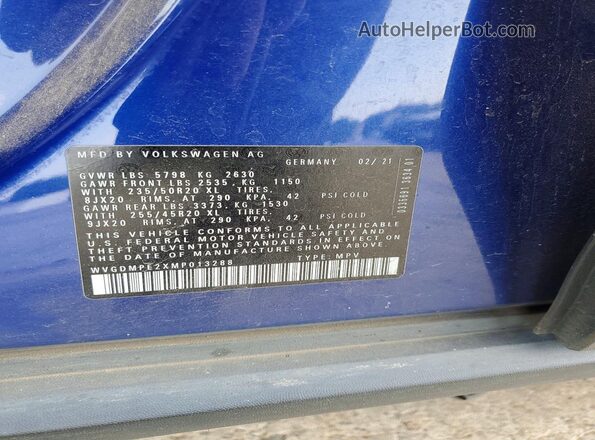 WVGDMPE2XMP013288 2021 VOLKSWAGEN ID.4 Синий 