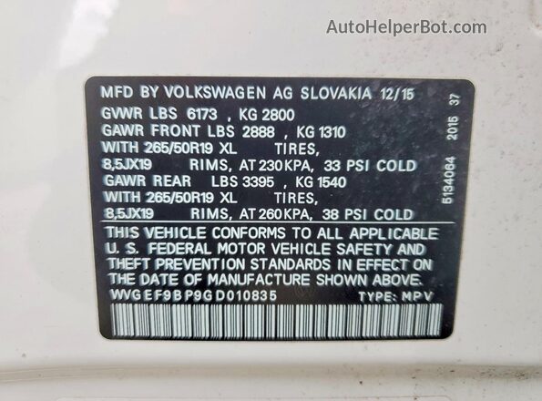 WVGEF9BP9GD010835 2016 VOLKSWAGEN TOUAREG White VIN კოდის სტიკერის ხედი