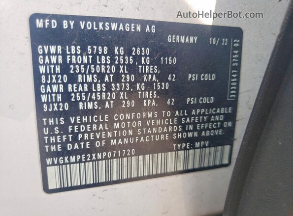 WVGKMPE2XNP071720 2022 VOLKSWAGEN ID.4 White VIN կոդի պիտակի տեսք