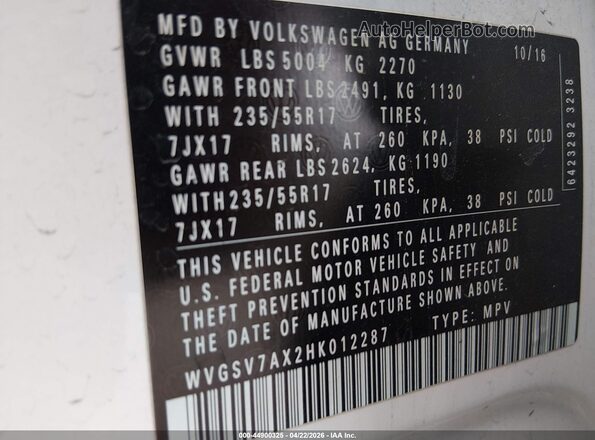 WVGSV7AX2HK012287 2017 VOLKSWAGEN TIGUAN White Engine compartment view