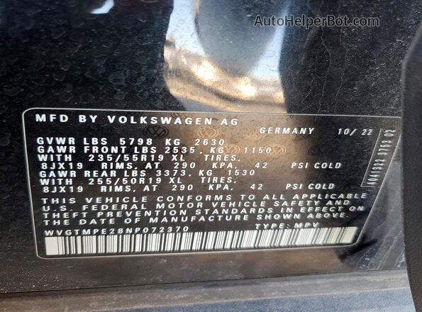WVGTMPE28NP072370 2022 VOLKSWAGEN ID.4 Black VIN կոդի պիտակի տեսք