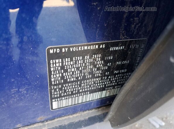 WVGTMPE29NP075178 2022 VOLKSWAGEN ID.4 Blue Widok naklejki z numerem VIN