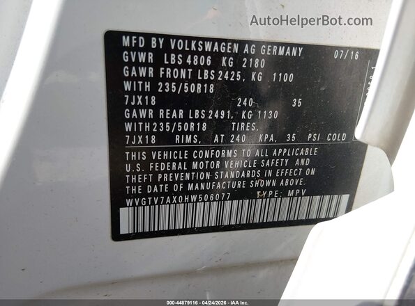 WVGTV7AX0HW506077 2017 VOLKSWAGEN TIGUAN White Widok komory silnika