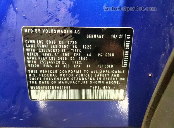 WVGUNPE27MP061957 2021 VOLKSWAGEN ID.4 Blue Շարժիչի բաժամունքի տեսք