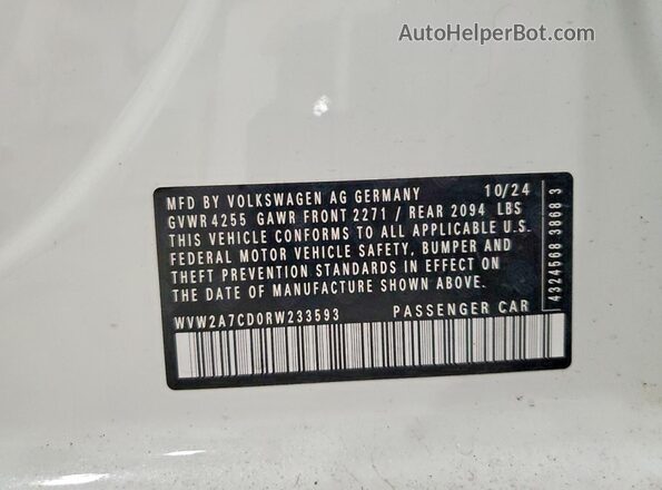 WVW2A7CD0RW233593 2024 VOLKSWAGEN GTI Белый Панорамный вид салона 360°