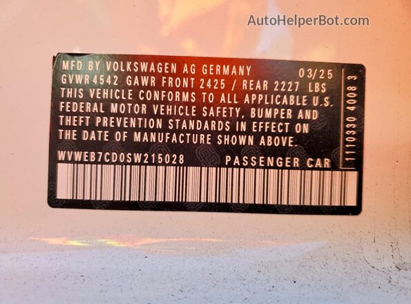 WVWEB7CD0SW215028 2025 VOLKSWAGEN GOLF White Vista de la etiqueta del VIN