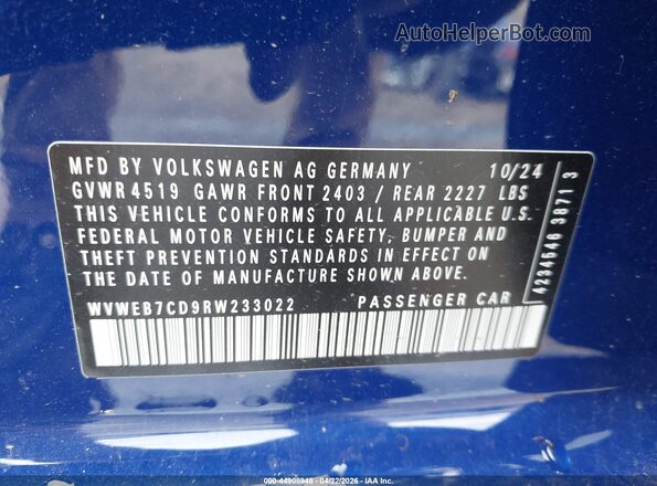 WVWEB7CD9RW233022 2024 VOLKSWAGEN GOLF Dark Blue Вид подкапотного пространства
