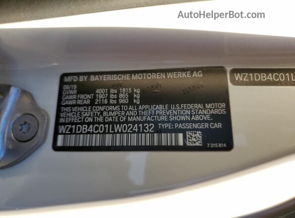 WZ1DB4C01LW024132 2020 TOYOTA SUPRA White VIN կոդի պիտակի տեսք