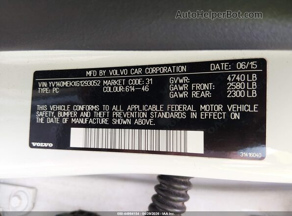 YV140MEKXG1293052 2016 VOLVO V60 White Շարժիչի բաժամունքի տեսք