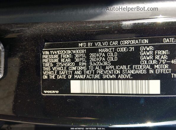 YV4102CK8K1490081 2019 VOLVO XC90 Black ძრავის განყოფილების ხედი