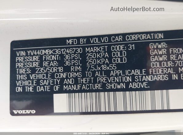 YV440MBK3G1246730 2016 VOLVO XC70 White Widok komory silnika