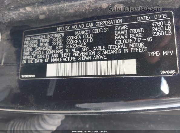 YV4AC2HL3K2118876 2019 VOLVO XC40 Black Engine compartment view