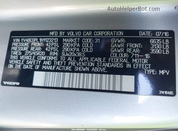 YV4BC0PL1H1123213 2017 VOLVO XC90 HYBRID Silver Вид підкапотного простору