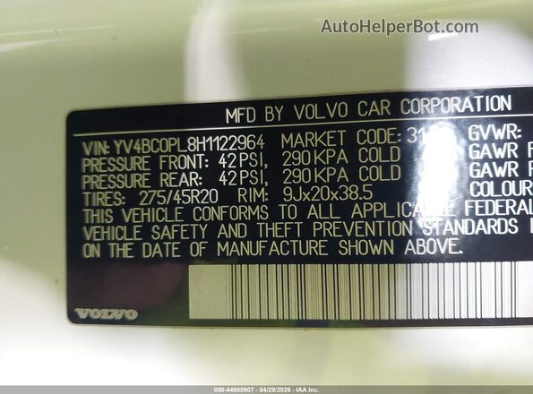 YV4BC0PL8H1122964 2017 VOLVO XC90 HYBRID White Вид підкапотного простору