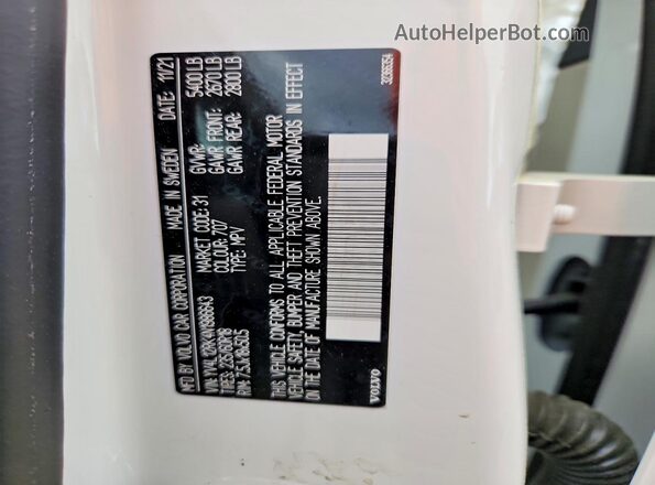 YV4L12RK4N1986643 2022 VOLVO XC60 White VIN კოდის სტიკერის ხედი