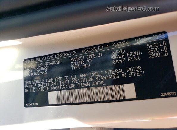 YV4L12RL7R1840784 2024 VOLVO XC60 Белый Вид наклейки с VIN-кодом