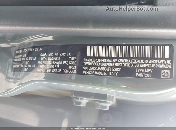 ZACCJABB3JPH22931 2018 JEEP RENEGADE Blue Vista del compartimento del motor