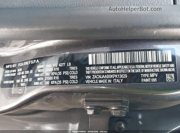 ZACNJAAB0KPK13629 2019 JEEP RENEGADE Gray ძრავის განყოფილების ხედი