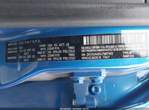 ZACNJAAB2LPM07452 2020 JEEP RENEGADE Blue Vista del compartimento del motor