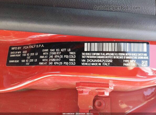 ZACNJAAB4LPL53202 2020 JEEP RENEGADE Red 