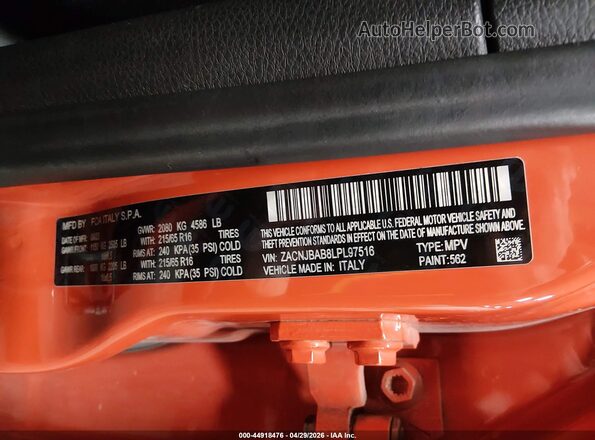 ZACNJBAB8LPL97516 2020 JEEP RENEGADE Orange Вид підкапотного простору