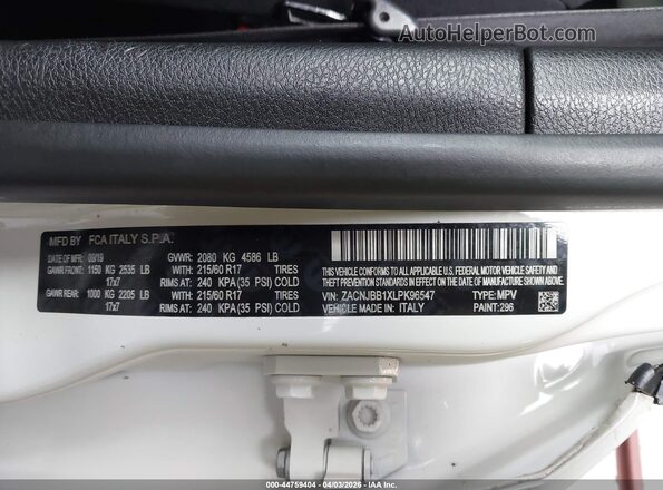 ZACNJBB1XLPK96547 2020 JEEP RENEGADE White ძრავის განყოფილების ხედი