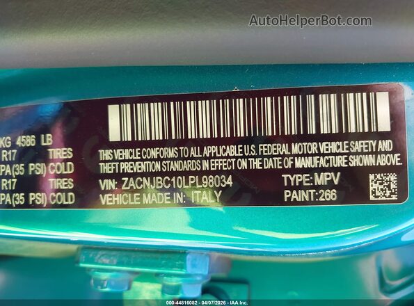 ZACNJBC10LPL98034 2020 JEEP RENEGADE Teal Вид підкапотного простору