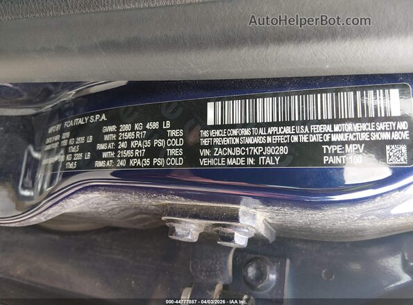 ZACNJBC17KPJ90280 2019 JEEP RENEGADE Blue Engine compartment view