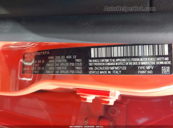 ZACNJDBB1MPM57129 2021 JEEP RENEGADE Orange ძრავის განყოფილების ხედი