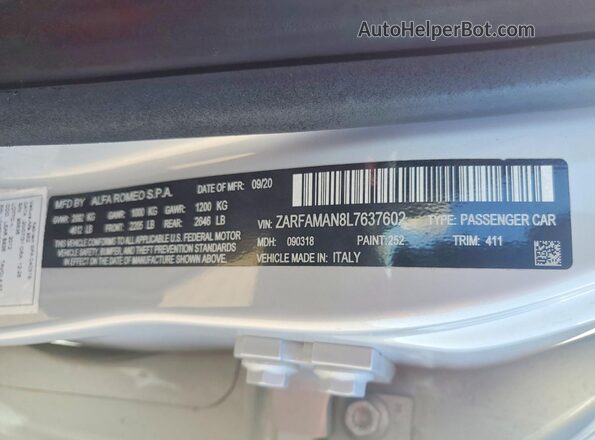 ZARFAMAN8L7637602 2020 ALFA ROMEO GIULIA Silver Շարժիչի բաժամունքի տեսք