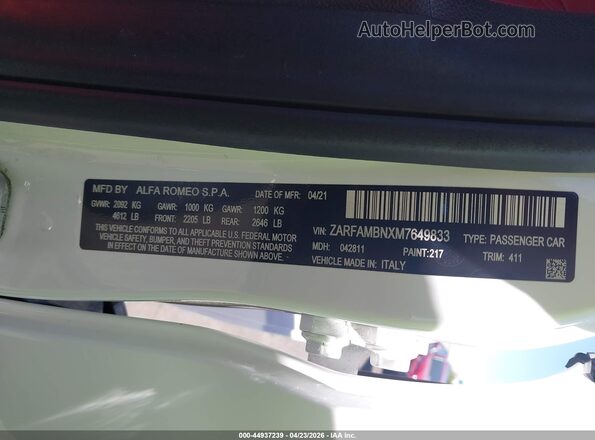 ZARFAMBNXM7649833 2021 ALFA ROMEO GIULIA Белый Вид подкапотного пространства