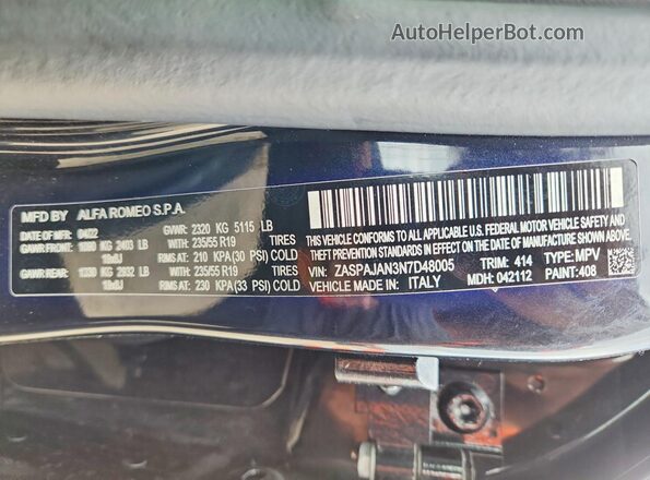 ZASPAJAN3N7D48005 2022 ALFA ROMEO STELVIO Black Engine compartment view