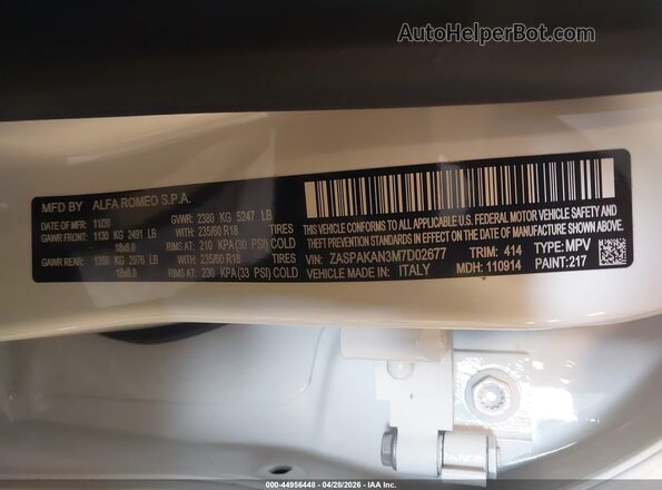 ZASPAKAN3M7D02677 2021 ALFA ROMEO STELVIO Белый 
