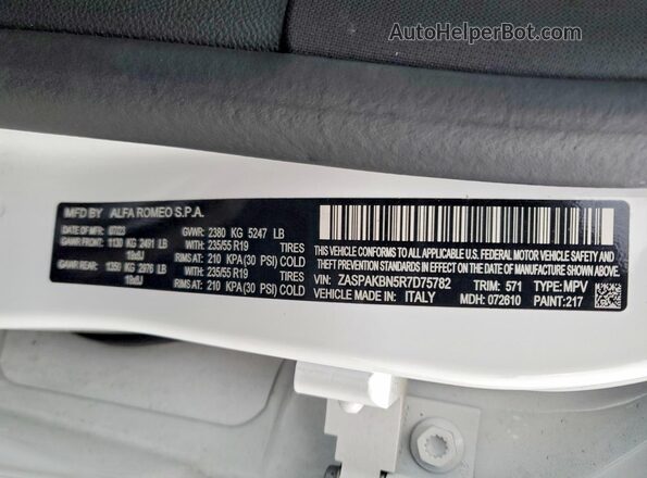 ZASPAKBN5R7D75782 2024 ALFA ROMEO STELVIO Белый Вид наклейки с VIN-кодом